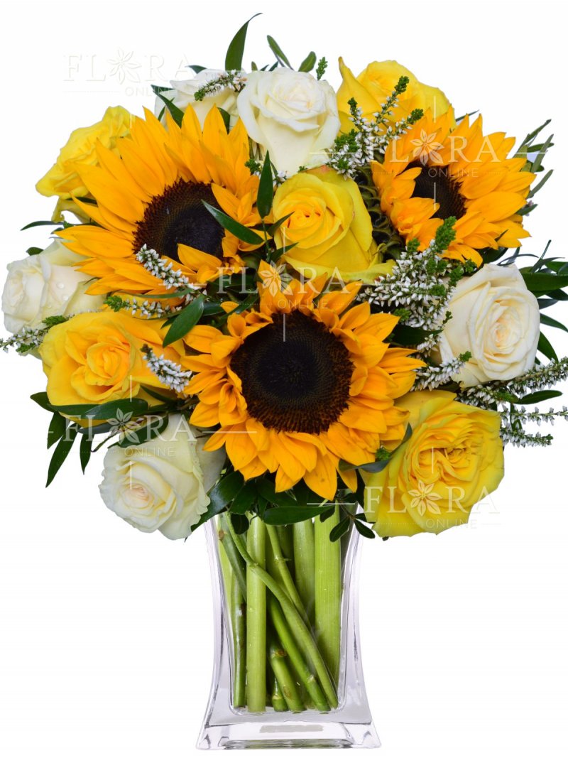 Míchaná kytice ze slunečnic a růží - rozvoz květin