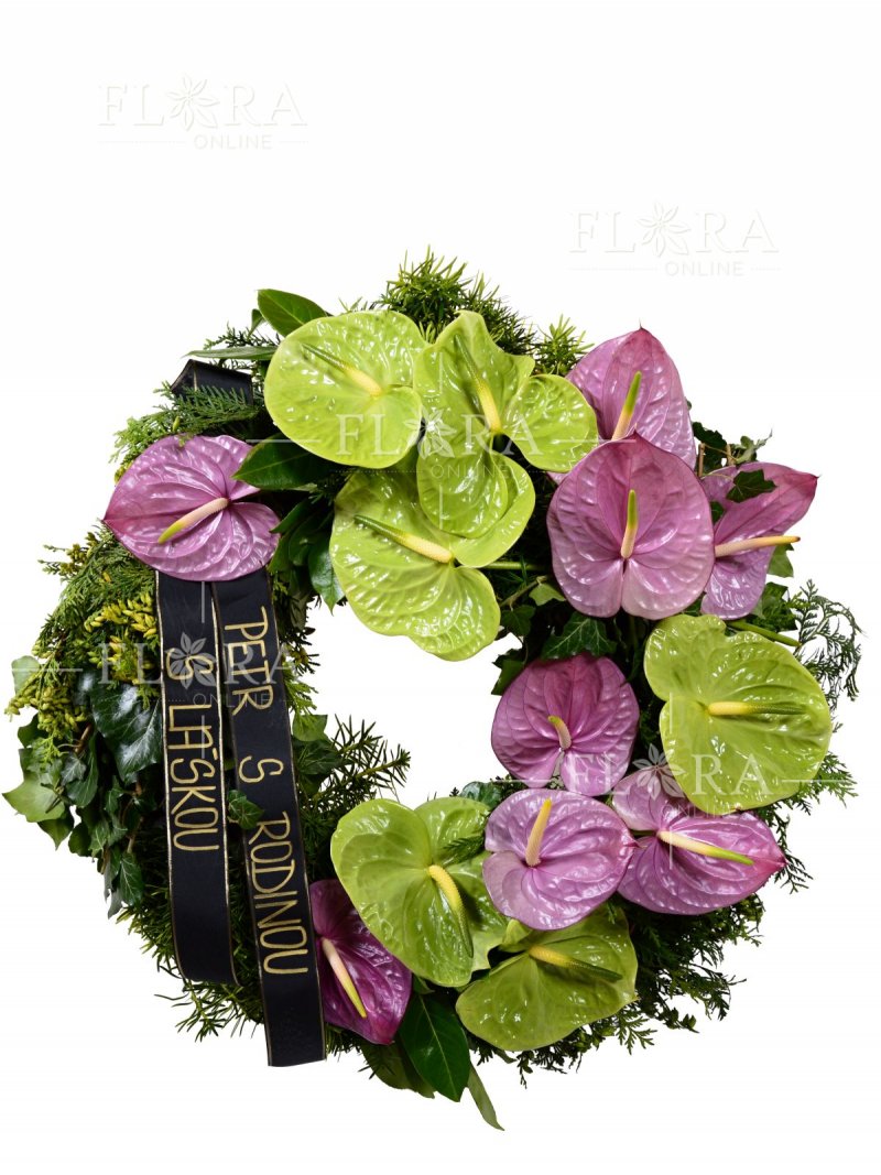 Funeral wreath - green and purple anthurium