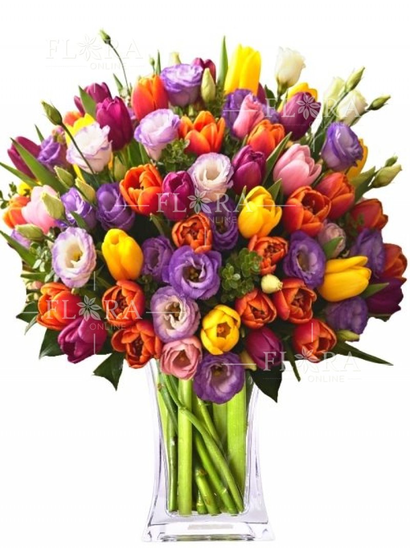 Kytice tulipánů a eustomy