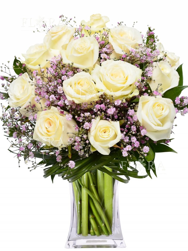 Bílé růže + gypsophyla : květiny online