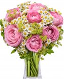 Розовые розы + ромашка: доставка цветов