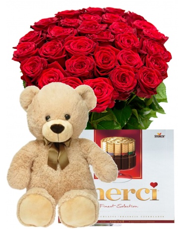 ČERVENÉ RŮŽE + PLYŠÁK + MERCI